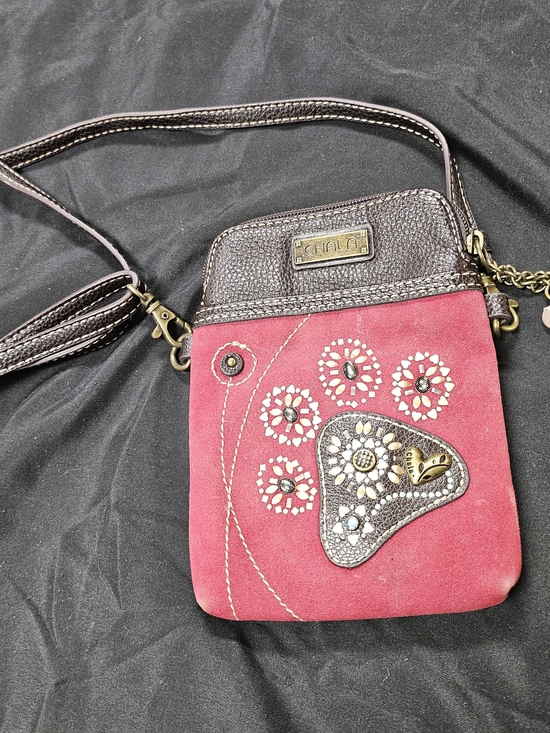 Chala Handbags - Chala Red Suede Crossbody Bag with Brown Trim and Floral Studs